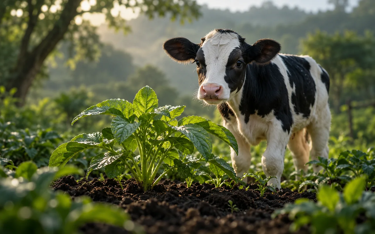 Leafy crop plant beside a healthy calf in a green farm setting