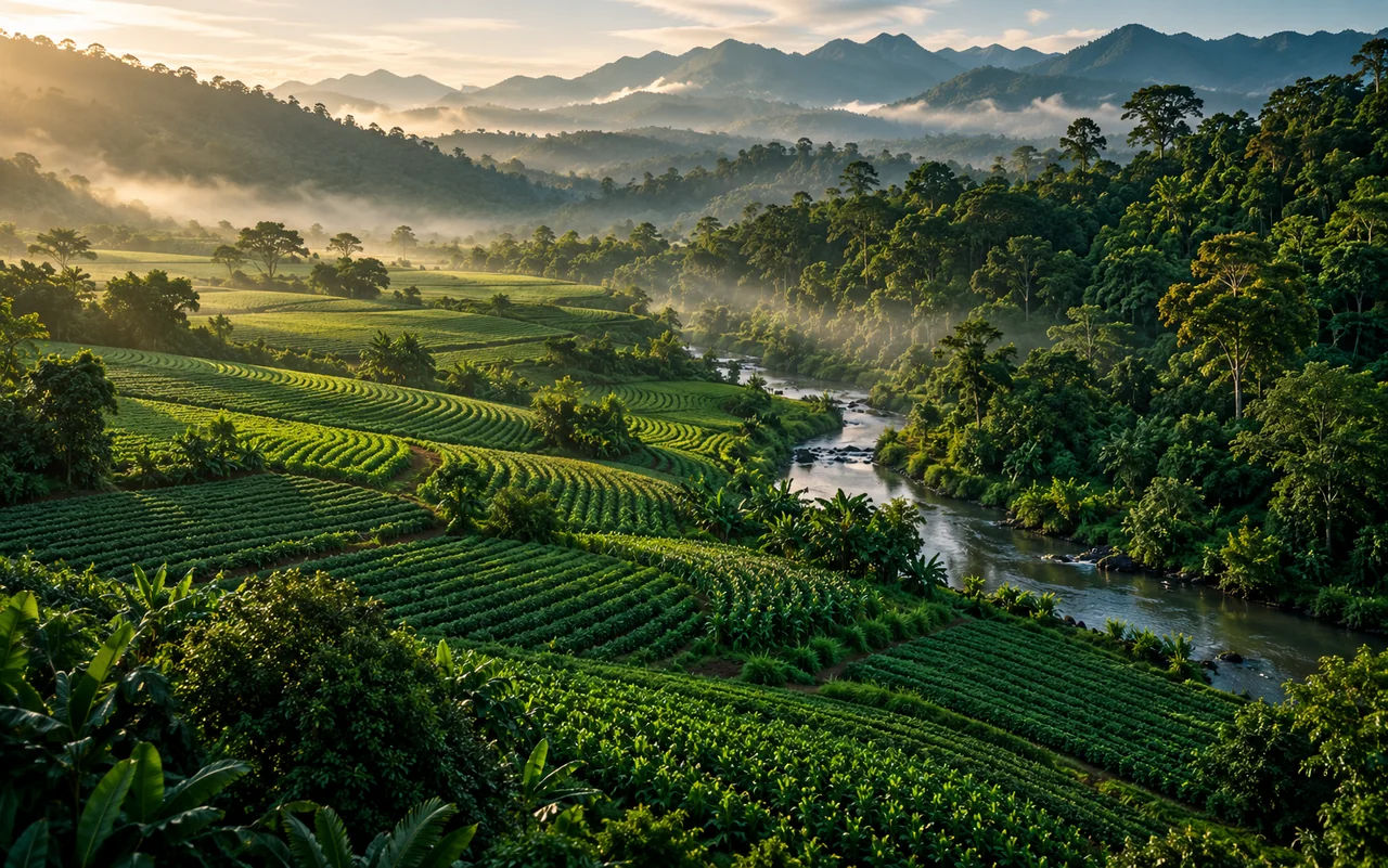 Crop fields beside a river and forest illustrating sustainable food production