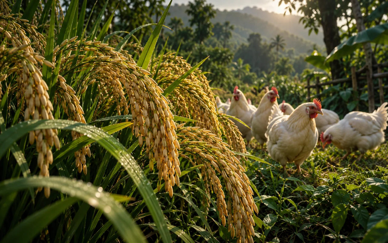 Full rice panicles and healthy poultry illustrating productive farming